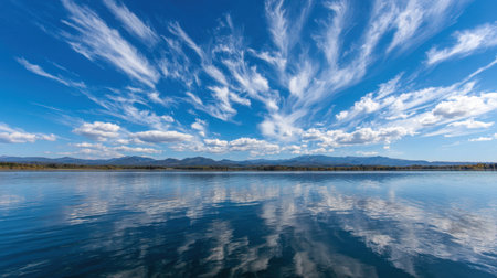 Captivating image of a clear blue sky filled with unique clouds reflecting on a tranquil lake, with surrounding mountains creating a peaceful outdoor setting.の素材