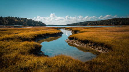 An inviting view of a marshland landscape featuring a tranquil stream flowing between golden grasses under a bright blue sky showcasing a peaceful natural environment.の素材