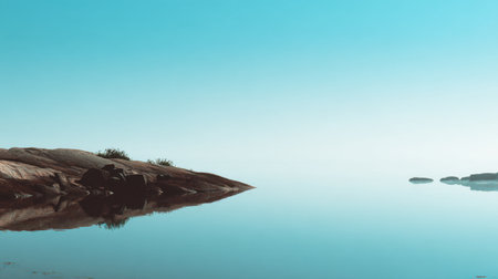 A serene landscape captures the tranquility of still water reflecting a clear blue sky. The peaceful rock formation and gentle horizon evoke a sense of calm and beauty.の素材