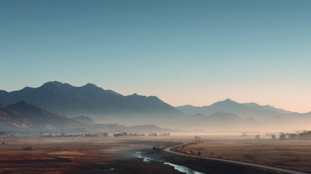 A breathtaking view of a tranquil mountain landscape at sunrise, highlighting a misty valley and a winding river under a clear blue sky, perfect for nature lovers.の素材