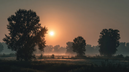 A tranquil sunrise casts golden light over a misty landscape, highlighting silhouetted trees and creating a serene atmosphere perfect for nature lovers.の素材
