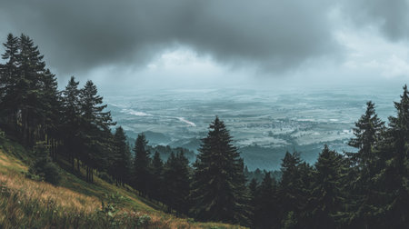 A breathtaking view of a green landscape showcases a valley surrounded by evergreen trees under dramatic clouds, creating a peaceful and serene atmosphere in nature.の素材