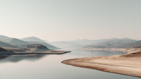 A breathtaking view of still waters reflecting majestic mountains under a pastel sky, capturing the essence of tranquility in a serene natural setting.の素材