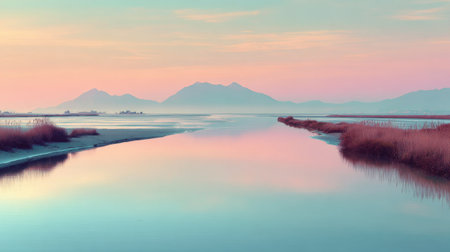 A serene landscape featuring a tranquil sunset reflected over calm water, with gentle hills in the background and a soft pastel sky, creating a peaceful atmosphere.の素材