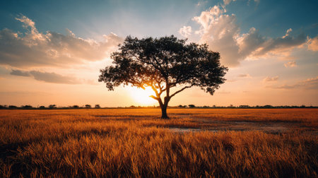 A stunning solitary tree captures the essence of nature during a golden sunset. The vibrant colors and dramatic cloud patterns create a peaceful and serene atmosphere.の素材