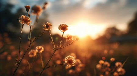 A serene landscape featuring delicate flowers illuminated by sunset light, creating a tranquil scene. Perfect for nature lovers and photography enthusiasts capturing the beauty of golden hour.の素材