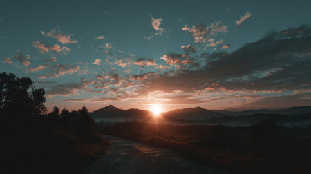 A beautiful morning showcases a serene sunrise illuminating mountains and clouds, with a winding road inviting adventure in this tranquil outdoor landscape.の素材