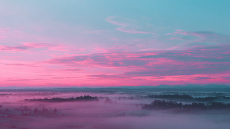 A breathtaking view of a colorful sunrise illuminating mist-covered hills, creating a serene atmosphere in the early morning sky. Perfect for nature lovers and photographers.の素材