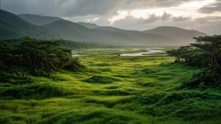 A breathtaking view of a vibrant landscape showcasing lush green grass and imposing mountains, set under a dramatic sky at sunrise or sunset, perfect for nature lovers.の素材