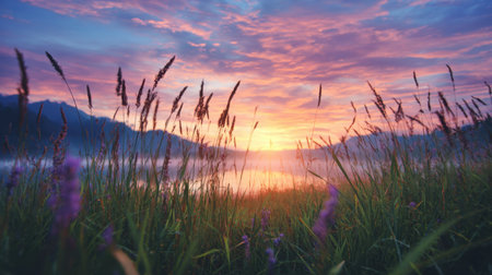 Experience the beauty of a serene sunrise over a tranquil lake, framed by lush green grass and wildflowers, capturing the essence of nature's peaceful charm.の素材