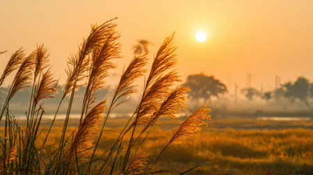 A tranquil sunset scene showcases golden fields embraced by tall grasses, silhouetted against a warm orange sky, evoking a sense of peace and natural beauty.の素材