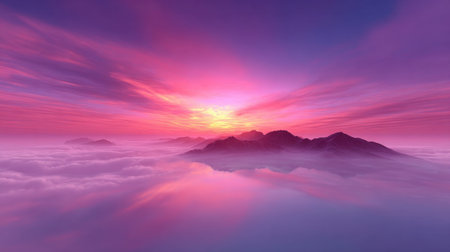 Experience a breathtaking dawn scene with a vibrant pink and purple sky, reflecting over misty mountains and calm waters, evoking peace and tranquility in nature.の素材