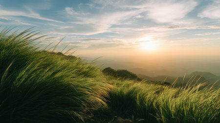 A breathtaking view of lush green grass on rolling hills as the sun sets, casting a warm glow over the serene landscape. Ideal for nature lovers.の素材