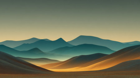 This stunning landscape features rolling dunes and majestic mountains under a calm sky at dusk, creating a peaceful atmosphere perfect for nature lovers and travelers.の素材