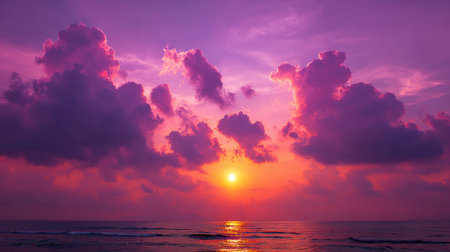 A stunning sunset scene captures the vibrant hues of purple and pink clouds reflected on the calm ocean waters, creating a serene and peaceful atmosphere perfect for relaxation.の素材