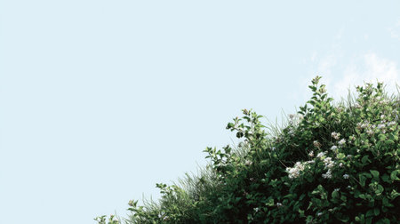 Experience the serene beauty of lush green grass adorned with delicate white flowers under a clear blue sky. Perfect for illustrating tranquility and vitality.の素材