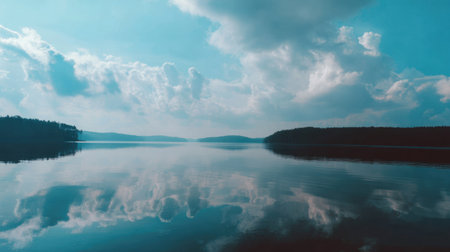 Explore the tranquil beauty of a serene blue lake reflecting clouds and trees, creating a peaceful outdoor atmosphere perfect for relaxation and contemplation.の素材