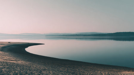 This stunning image features a tranquil lake reflecting the soft morning light, surrounded by gentle hills and a sandy shoreline, creating a serene environment perfect for relaxation.の素材