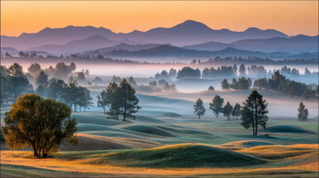 A serene morning landscape featuring mist enveloping rolling hills and distant mountains, with soft pastel skies illuminating the tranquil natural beauty at dawn.の素材