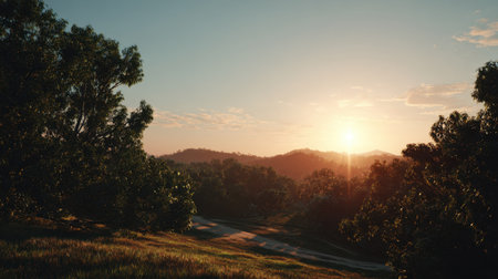 Capture the beauty of a tranquil sunrise illuminating lush green hills and a winding road, creating a serene and picturesque landscape ideal for relaxation and exploration.の素材