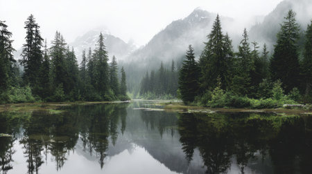 Discover a tranquil mountain landscape where mist envelops the forest and water reflects the serene beauty. A perfect escape into natureの素材