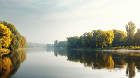 This stunning autumn landscape features a calm river surrounded by vibrant yellow trees reflecting in the water, captured in the gentle morning light.の素材