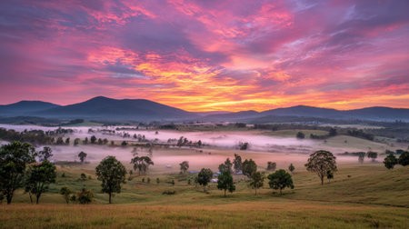 This stunning sunrise captures the peaceful beauty of rolling hills and a misty valley beneath a vibrant sky. Ideal for showcasing nature's tranquility and charm.の素材