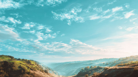 Explore a breathtaking landscape featuring rolling hills beneath a bright blue sky adorned with fluffy clouds, embodying serenity and natural beauty in every detail.の素材