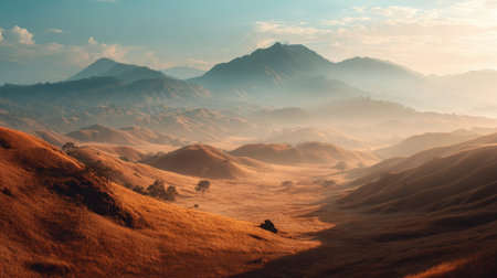 Explore a stunning mountain landscape at sunrise, showcasing rolling hills, gentle mist, and soft golden light, capturing the essence of serene natural beauty.の素材