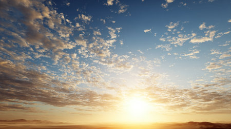 A breathtaking view of a sunrise illuminating a desert landscape, featuring colorful clouds and warm light that create a serene and dramatic atmosphere in the sky.の素材