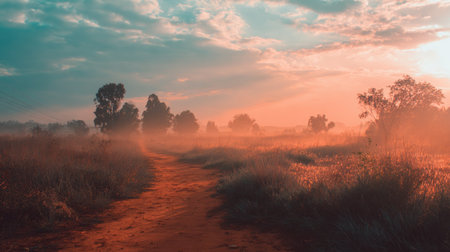 Experience a breathtaking sunrise illuminating a misty landscape with a peaceful pathway. The soft light transforms the natural scene into a tranquil haven for exploration.の素材