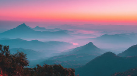 Experience the tranquil beauty of a serene sunrise over misty mountains. Soft color gradients fill the sky, while layers of rolling hills create a peaceful landscape.の素材