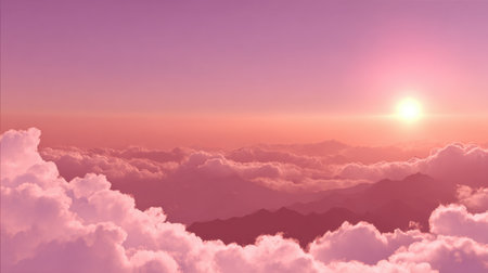 Experience a breathtaking sunset featuring vibrant pink and orange hues in the sky, fluffy clouds, and distant mountains creating a serene and picturesque landscape.の素材