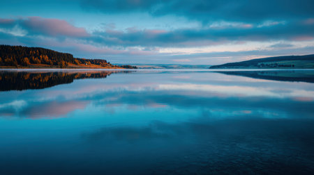 A tranquil lake scene at dawn, showcasing stunning reflections of the soft clouds and surrounding landscape. Ideal for promoting relaxation and natural beauty.の素材