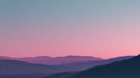 A breathtaking landscape captures the essence of dusk with gentle mountain silhouettes and a sky painted in lavender, pink, and blue colors. Perfect for serene moments.の素材