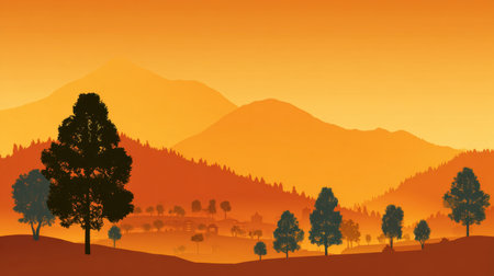 A stunning sunset landscape featuring silhouetted trees against a backdrop of majestic mountains in warm tones, creating a serene and tranquil atmosphere.の素材