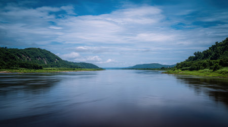 A breathtaking view of a tranquil river surrounded by lush vegetation and mountains under a vibrant blue sky, perfect for nature lovers and travel enthusiasts.の素材