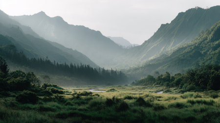 A breathtaking mountain landscape showcasing a lush green valley with misty peaks in the background. The serene atmosphere invites exploration and relaxation.の素材