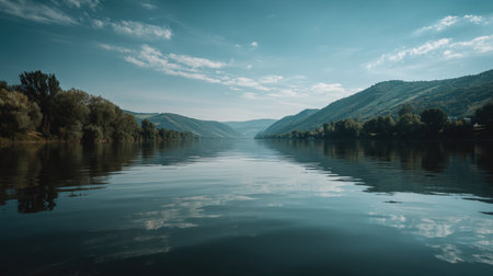 A breathtaking view of a calm river reflecting lush green hills and a blue sky, creating a peaceful atmosphere ideal for nature lovers and photographers.の素材