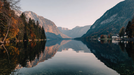A tranquil mountain lake scene showcasing stunning autumn hues, lush trees, and majestic peaks reflecting on the calm water, inviting nature enthusiasts and travelers alike.の素材