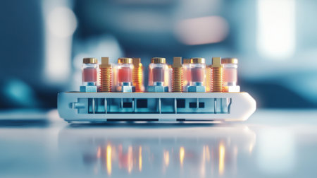 This image features modern laboratory equipment displaying colorful test tubes filled with liquids, set against a bright and clean background in a scientific environment.の素材