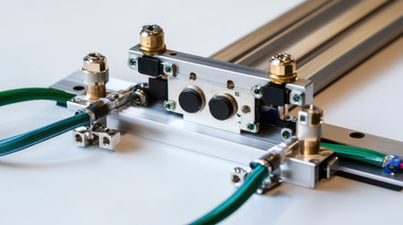 This detailed image showcases a high-precision industrial component featuring pneumatic connections and control buttons, ideal for engineering and manufacturing applications.の素材