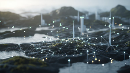 An imaginative illustration of a digital landscape highlighted by network connections, representing technology and innovation in modern communication and connectivity.の素材