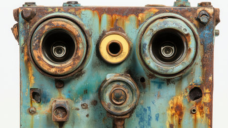 A captivating close-up of a rusty industrial machine part showcasing circular openings and a weathered metal surface, emphasizing the beauty of aging and decay.の素材