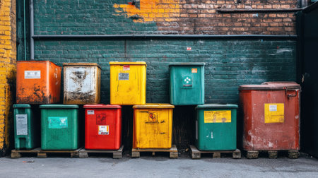 A row of colorful waste containers line a textured brick wall in an urban setting, showcasing various recycling and refuse options in a vibrant city landscape.の素材