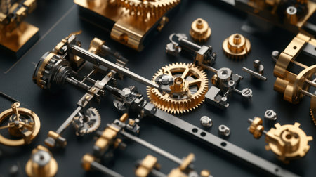Stunning close-up view of vintage clock mechanism, showcasing intricate arrangements of gears, cogs, and springs. Perfect for showcasing craftsmanship and engineering beauty.の素材