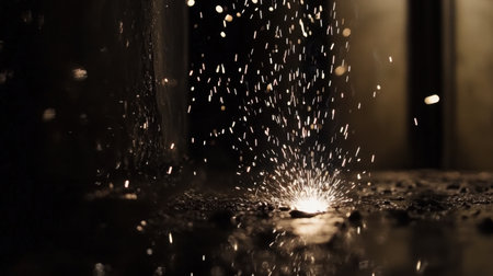 Glimmering particles rise from the ground, illuminating a dark environment. This evocative scene creates a captivating atmosphere with unique textures and reflections.の素材