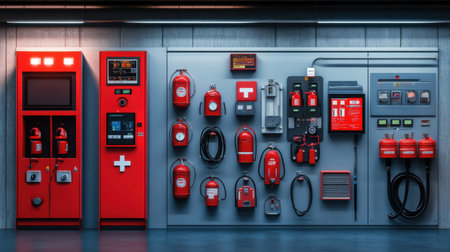 An organized display of essential emergency equipment including fire extinguishers, alarms, and hoses, showcasing modern safety measures in a professional indoor setting.の素材