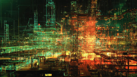 Experience a captivating abstract cityscape showcasing vibrant neon lights and digital patterns. This futuristic landscape embodies a unique blend of technology and creativity.の素材