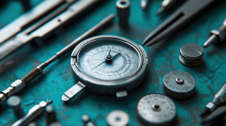 A captivating close-up of precision measurement tools arranged on a vibrant turquoise background, showcasing the intricate details and craftsmanship in a vintage style.の素材